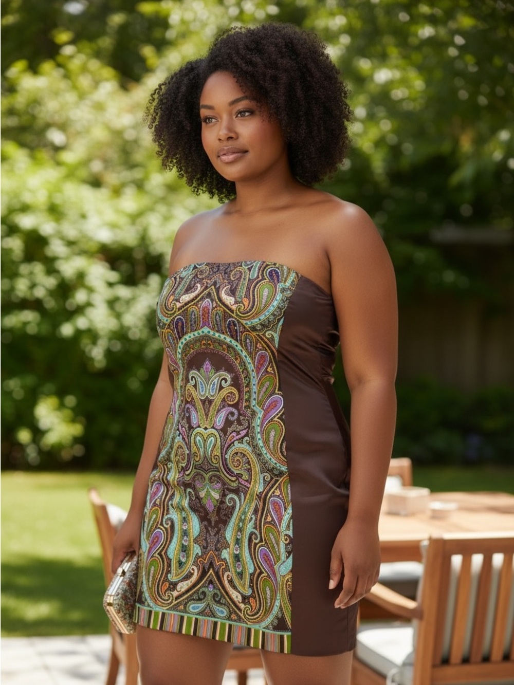 Theia Strapless Paisley Print Cocktail Dress in Brown, Turquoise, Green, Purple